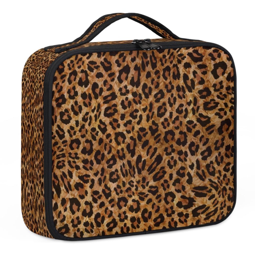 QsirBC Makeup Train Case with Adjustable Dividers, Portable Make Up Bag for Women, Toiletry Bag for Men with Waterproof Brush Cover, Classic Leopard Print Travel Makeup Organizer Makeup Box