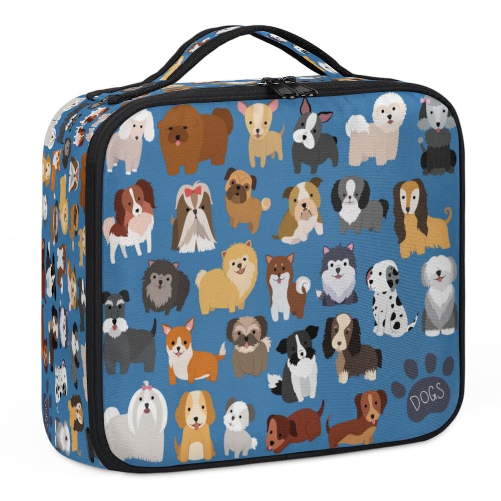 QsirBC Makeup Train Case with Adjustable Dividers, Portable Make Up Bag for Women, Toiletry Bag for Men with Waterproof Brush Cover, Animal Dog Theme Travel Makeup Organizer Makeup Box