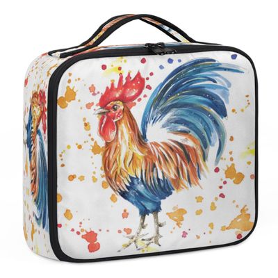 QsirBC Makeup Train Case with Adjustable Dividers, Portable Make Up Bag for Women, Toiletry Bag for Men with Waterproof Brush Cover, Watercolor Rooster Travel Makeup Organizer Makeup Box