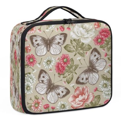 QsirBC Makeup Train Case with Adjustable Dividers, Portable Make Up Bag for Women, Toiletry Bag for Men with Waterproof Brush Cover, Colorful Butterfly Flowers Travel Makeup Organizer Makeup Box