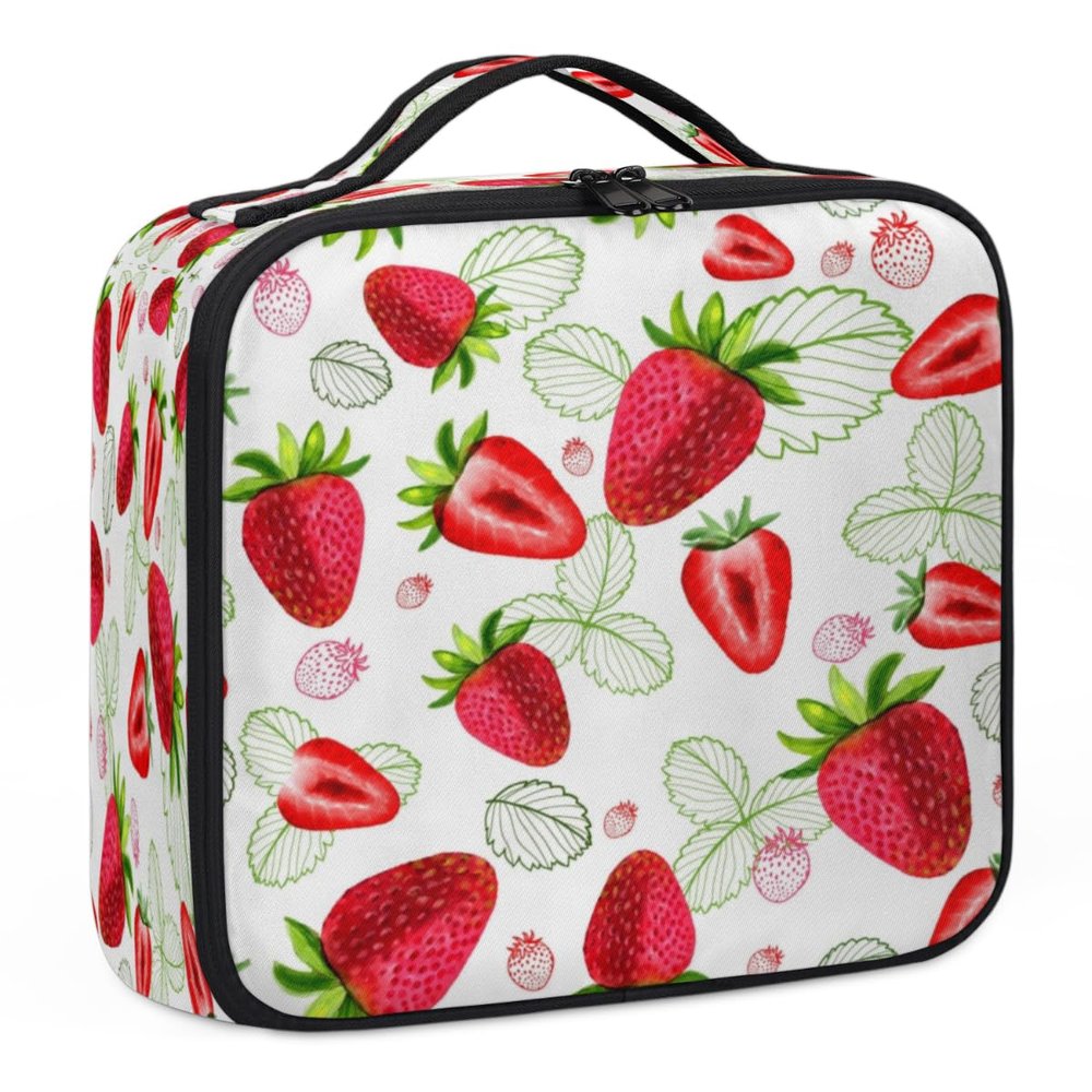 QsirBC Makeup Train Case with Adjustable Dividers, Portable Make Up Bag for Women, Toiletry Bag for Men with Waterproof Brush Cover, Strawberry Leaves Pattern Travel Makeup Organizer Makeup Box