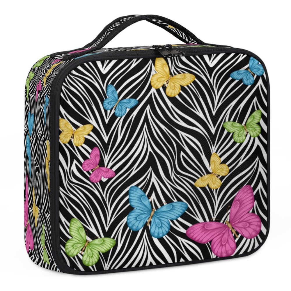 QsirBC Makeup Train Case with Adjustable Dividers, Portable Make Up Bag for Women, Toiletry Bag for Men with Waterproof Brush Cover, Animal Print Butterfly Travel Makeup Organizer Makeup Box