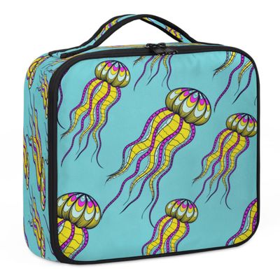 QsirBC Makeup Train Case with Adjustable Dividers, Portable Make Up Bag for Women, Toiletry Bag for Men with Waterproof Brush Cover, Sea Animal Jellyfish Travel Makeup Organizer Makeup Box