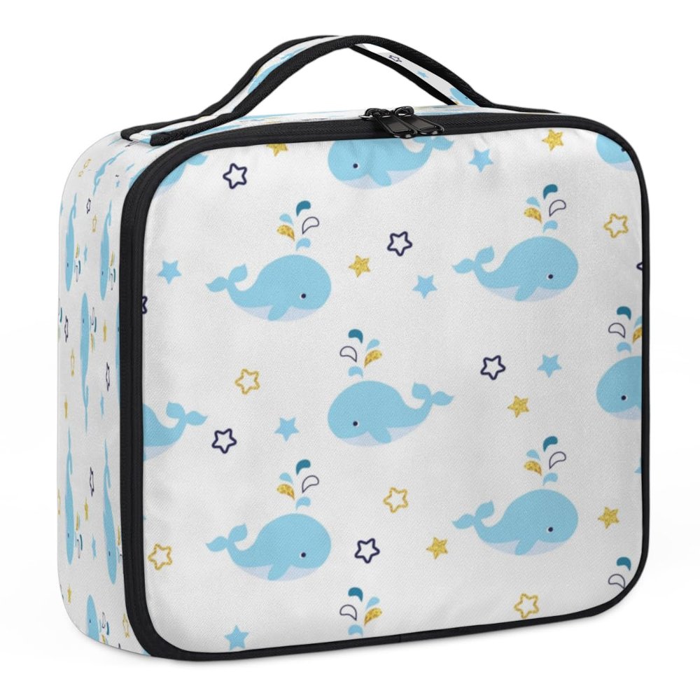 QsirBC Makeup Train Case with Adjustable Dividers, Portable Make Up Bag for Women, Toiletry Bag for Men with Waterproof Brush Cover, Cute Whale Travel Makeup Organizer Makeup Box