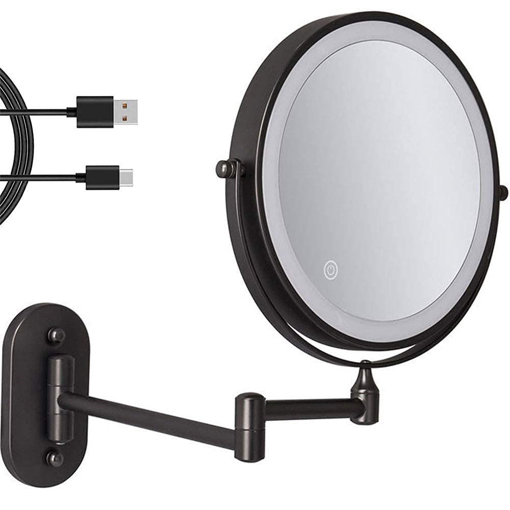 8'' Wall Mounted Makeup Mirror Black USB Rechargeable Double Sided with 3 Tones Led Lights, 1X/10X Magnifying Bathroom Mirror for Shaving Extendable Arm Touch Control1X/10X, Makeup and Shavi ( Size :