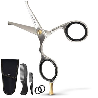 Ontaki 4.2" Japanese Steel Rounded-Tip Beard & Mustache Scissors - Silver, 420C Steel - Precision Rounded-Tip Beard Trimmer Shears - Nose Hair Trimmer for Men - Eyebrow & Mustache Scissors