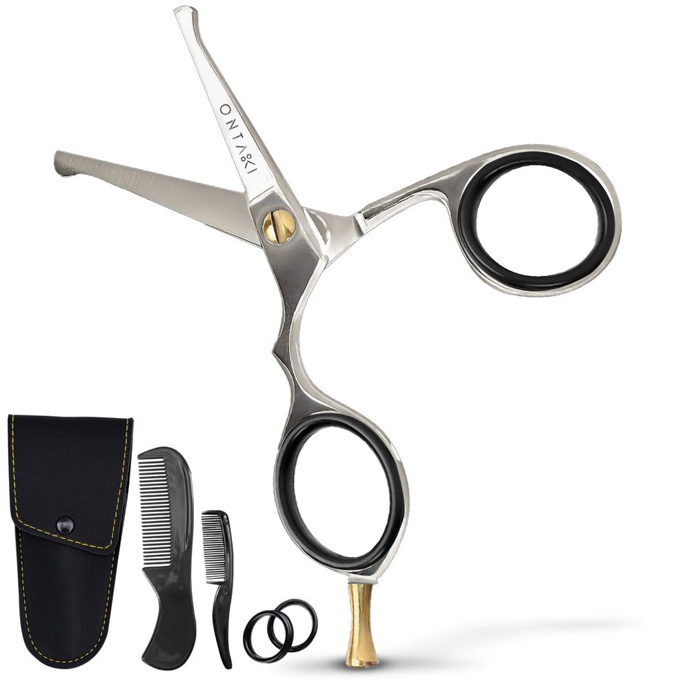 Ontaki 4.2" Japanese Steel Rounded-Tip Beard & Mustache Scissors - Silver, 420C Steel - Precision Rounded-Tip Beard Trimmer Shears - Nose Hair Trimmer for Men - Eyebrow & Mustache Scissors