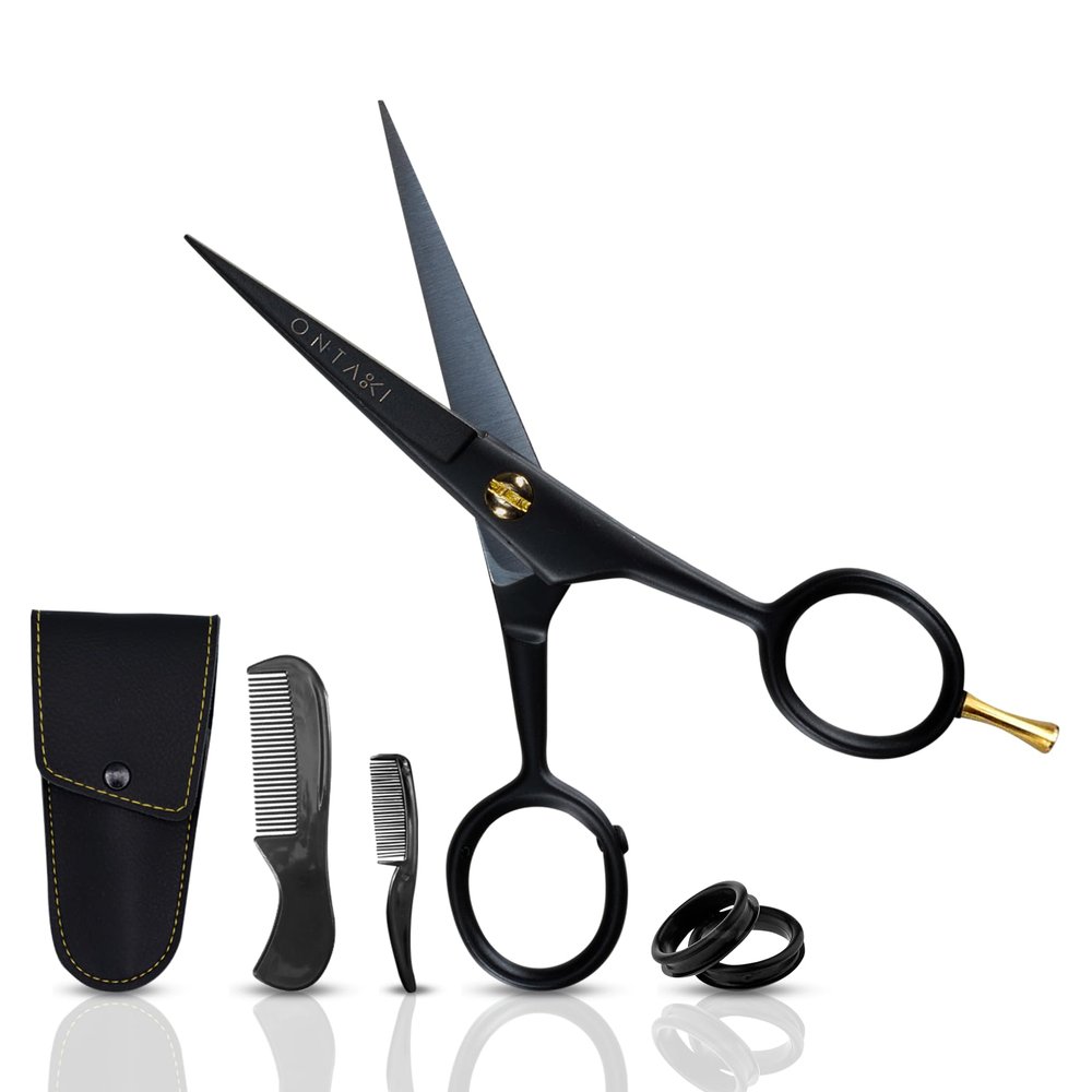 Ontaki Professional Beard Scissors for Men - 5 in Hand-Forged Black 410C German Steel - Includes 2 Combs & PU Pouch - Beard & Mustache Grooming Kit