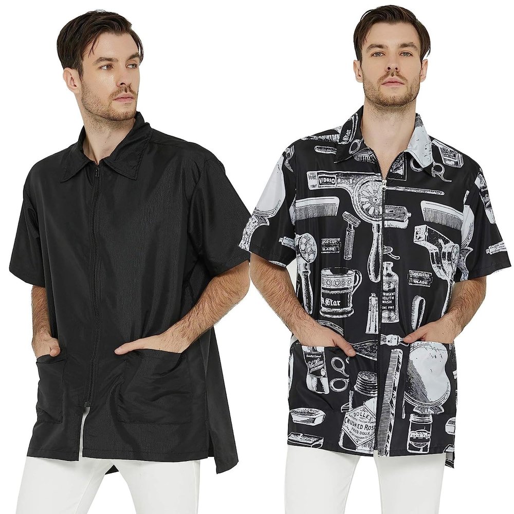 Mens Barber Jacket and Vintage Print Stylist Grooming Smock- Professional Hair Dressing Apparel in Black