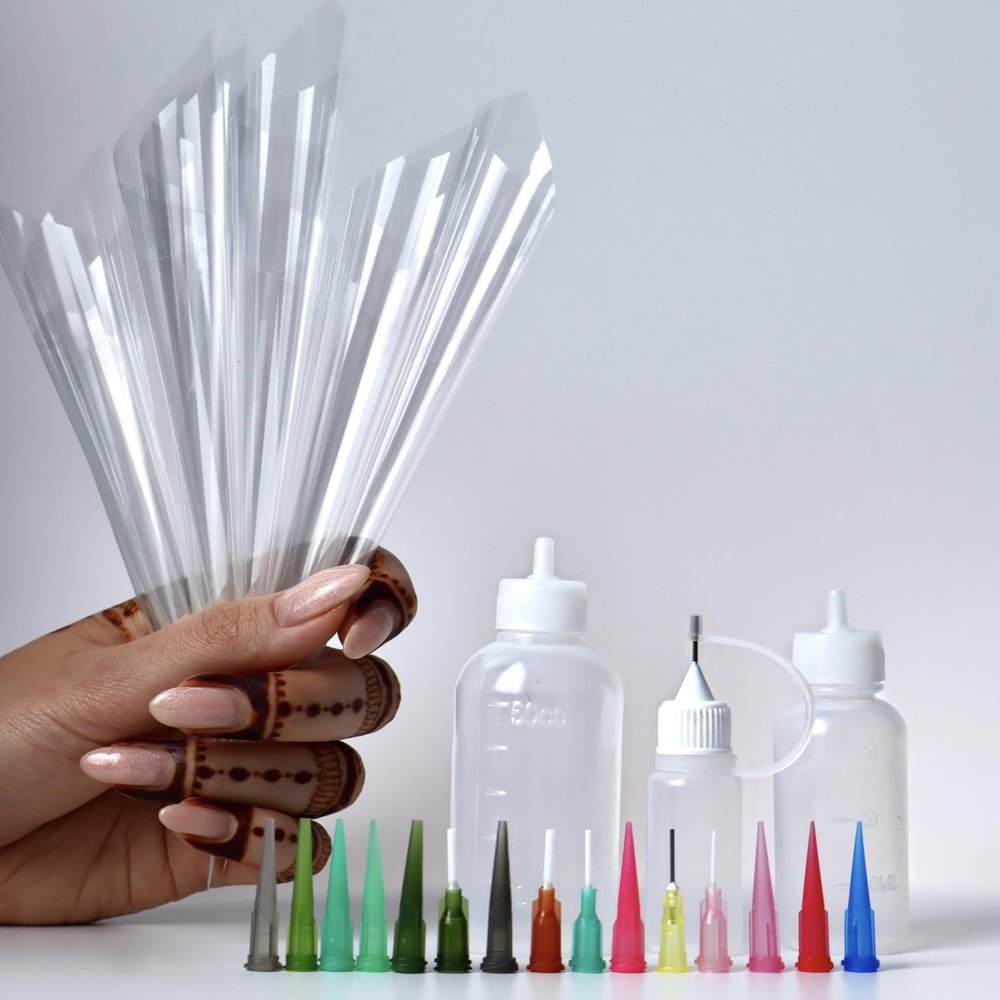 Jagua Henna Bottles Cones Set for Temporary Tattoo (35 pcs In Set - 20 cones, 3 bottles, 12 pins) | Applicator Kit Empty Cones Caps Needle Tips for Beginners Mehendi