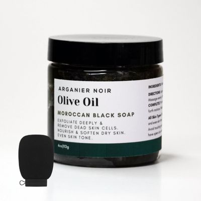 Arganier Noir Moroccan Black Soap with Olive Oil and Kessa Glove (Hammam Set) Deep Clean and Exfoliate Dead Skin Cells