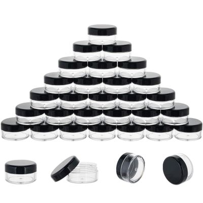 10 Gram 100 Count Sample Containers, Small Plastic Containers with Lids, Empty Sample Jars with Labels and Mini Disposable Spatulas(Black Lid)