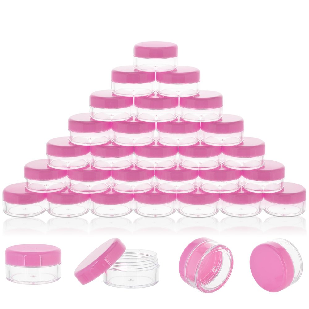 10 Gram 100 Count Sample Containers, Small Plastic Containers with Lids, Empty Sample Jars with Labels and Mini Disposable Spatulas(Pink Lid)