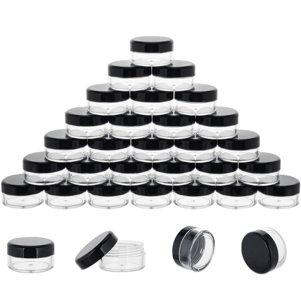 10 Gram 40 Count Sample Containers, Small Plastic Containers with Lids, Empty Sample Jars with Labels and Mini Disposable Spatulas(Black Lid)