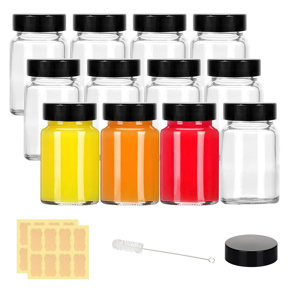 2 oz Small Clear Glass Bottles with Lids - 12 Pcs Wide Mouth Shot Bottles with Caps for Ginger Shots, Juice, Potion, Liquids, Whiskey - Mini Travel Bottles with Funnels, Stickers (12PCS-Clear)