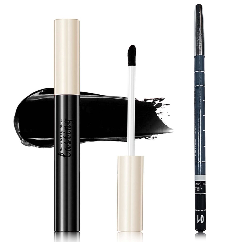 2Pcs Matte Lipstick and Lipliner Set,Velvet Liquid Lipgloss Set Non-Stick Cup Black Lip Gloss Lip Liner,High Pigmented Black Lipstick Long Lasting Waterproof Lip Stain Set for Women Halloween Goth Mak