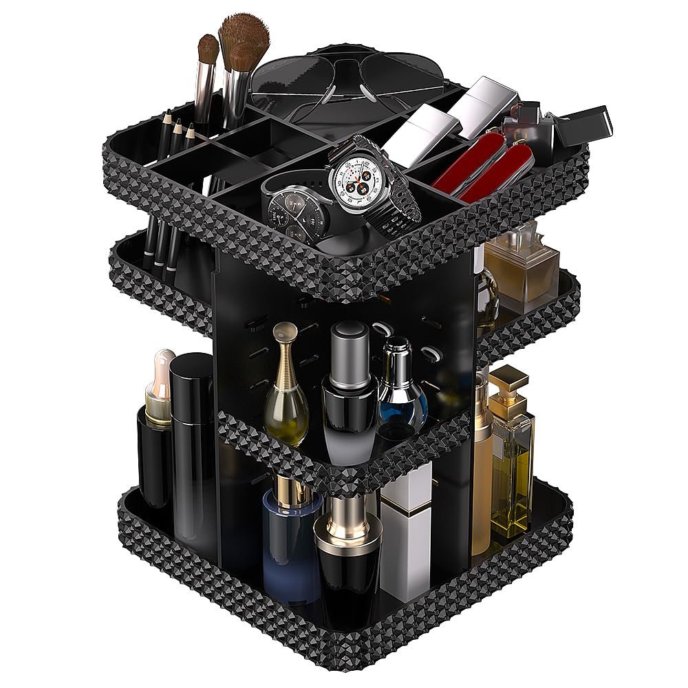 Famitree 360 Rotating Makeup Organizer, Organizador De Perfumes Large Capacity Cosmetics Storage Vanity Shelf Countertop, Fits Cosmetics, Perfume, Skin Care, Lipsticks (Black)