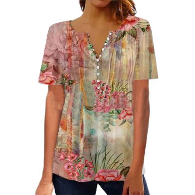 2023 New Womens Floral Short Sleeve Button V Neck Shirts Vintage Casual Blouse Ethnic Print Summer Tunic Top Loose (Floral H XXL)