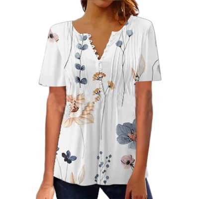 2023 New Womens Floral Short Sleeve Button V Neck Shirts Vintage Casual Blouse Ethnic Print Summer Tunic Top Loose (Floral I L)