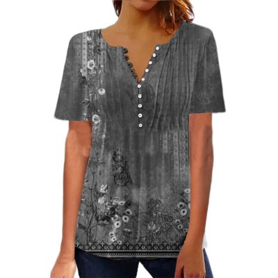 2023 New Womens Floral Short Sleeve Button V Neck Shirts Vintage Casual Blouse Ethnic Print Summer Tunic Top Loose (Floral B XL)