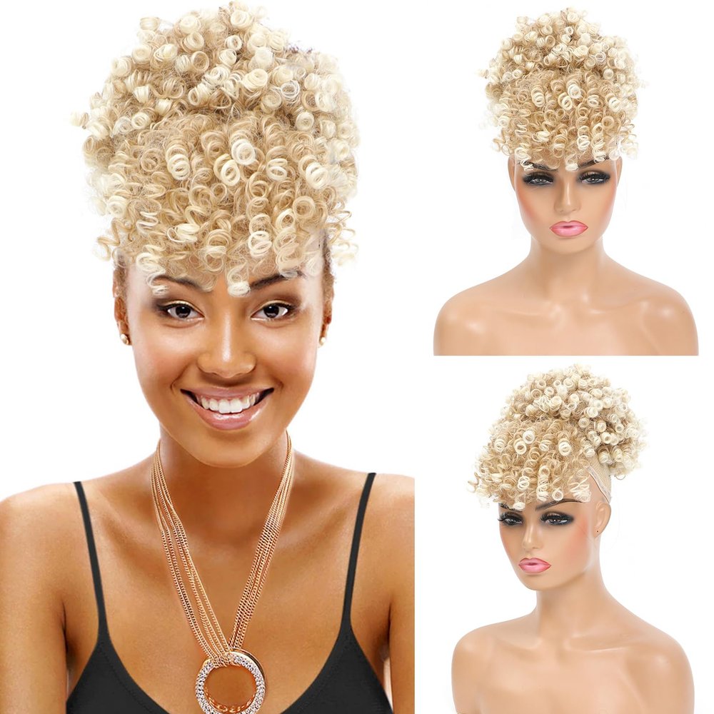 ENTRANCED STYLES Drawstring Ponytail with Bangs Afro Puff Ponytail Extensions for Women Short Curly Puff Ponytail with Bangs Clip in Wrap Updo Hairpiece for Women (T27/613)