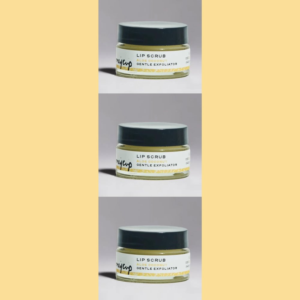 H. Honeycup Coconut Lip Scrub .5 oz, (3 Pack), Natural Sugar Exfoliator to Gently Polish, Coconut Oil Moisturizes Skin, Aloe Soothes Skin, Vegan & Cruelty-Free, Eco-Friendly Glass Jar