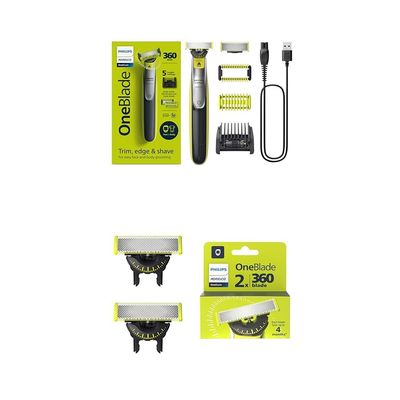 Bundle of Philips Norelco OneBlade 360 Face & Body Hybrid Electric Trimmer and Shaver, QP2834/70 + Philips Norelco Genuine OneBlade 360 Blade Replacement Blades, 2 Count, QP420/80