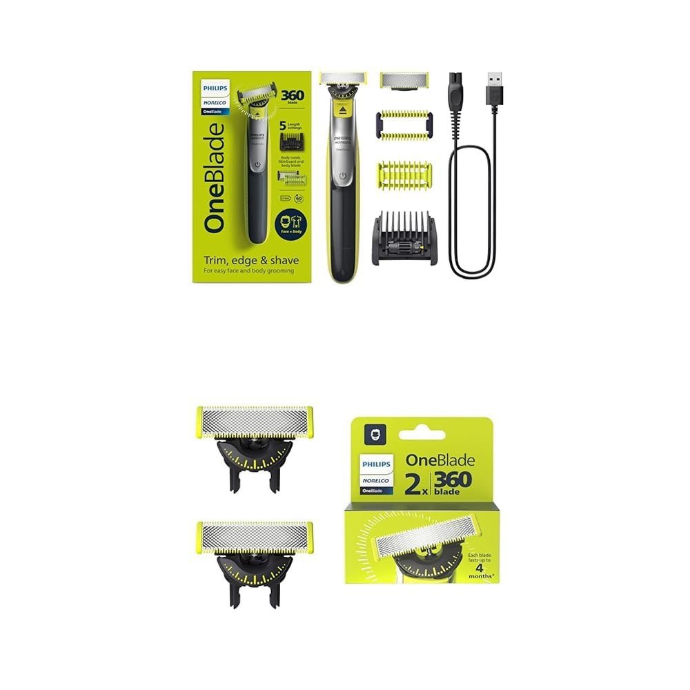 Bundle of Philips Norelco OneBlade 360 Face & Body Hybrid Electric Trimmer and Shaver, QP2834/70 + Philips Norelco Genuine OneBlade 360 Blade Replacement Blades, 2 Count, QP420/80