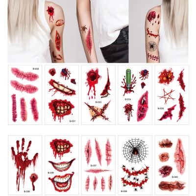 10 Sheets Halloween Temporary Tattoos Simulated Scar Fake Tattoos Lips Blood Spider Web Tattoo Sticker About 30 Patterns Body Face Tattoos Halloween Decorative Sticker Adult Temporary Tattoo