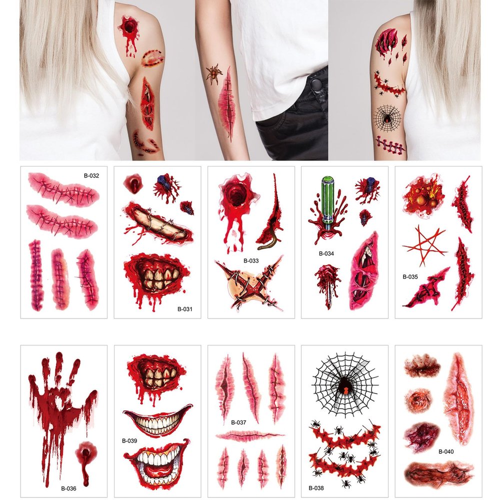 10 Sheets Halloween Temporary Tattoos Simulated Scar Fake Tattoos Lips Blood Spider Web Tattoo Sticker About 30 Patterns Body Face Tattoos Halloween Decorative Sticker Adult Temporary Tattoo