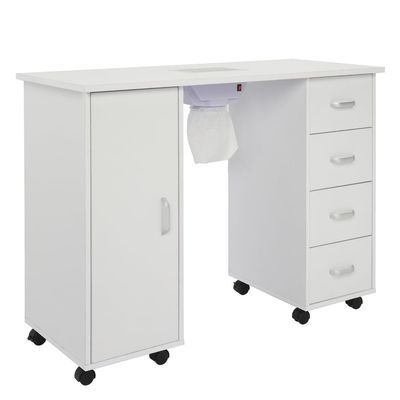 Nail Desk Manicure Table - Nail Tech Desk with Dust Collector - Nail Table with Electric Downdraft Vent - Beauty Spa Salon Workstation on Wheels - Single Door Cabinet and 4 Removable Drawers - White