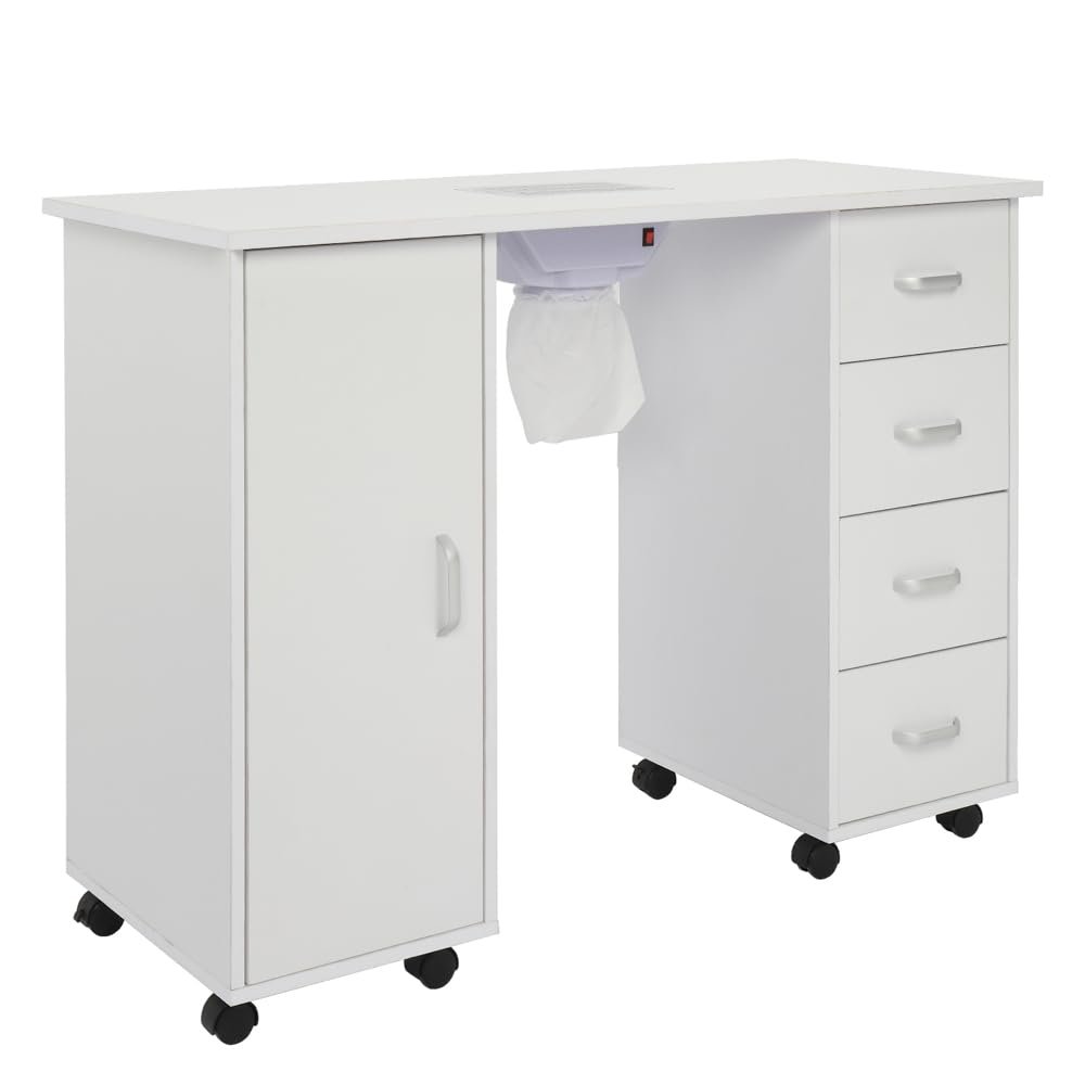 Nail Desk Manicure Table - Nail Tech Desk with Dust Collector - Nail Table with Electric Downdraft Vent - Beauty Spa Salon Workstation on Wheels - Single Door Cabinet and 4 Removable Drawers - White