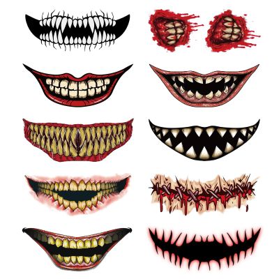 10PCS Halloween Prank Makeup Temporary Tattoos 2023 New Adult Kids Clown Horror Mouth Fake Tattoos Stickers Scary Big Mouth Face Tattoo Sticker Upgrade Face Decals Prank Props for Halloween Cosplay