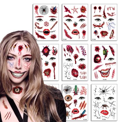 10PCS Halloween Prank Makeup Temporary Tattoos 2023 New Adult Kids Clown Horror Face Fake Tattoos Stickers Scary Big Face Tattoo Sticker Upgrade Face Decals Prank Props for Halloween Cosplay Party