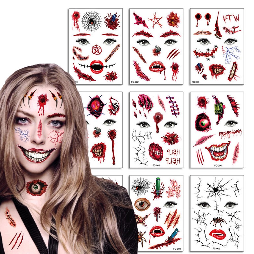 10PCS Halloween Prank Makeup Temporary Tattoos 2023 New Adult Kids Clown Horror Face Fake Tattoos Stickers Scary Big Face Tattoo Sticker Upgrade Face Decals Prank Props for Halloween Cosplay Party