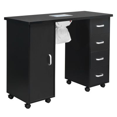 Nail Desk Manicure Table - Nail Tech Desk with Dust Collector - Nail Table with Electric Downdraft Vent - Beauty Spa Salon Workstation on Wheels - Single Door Cabinet and 4 Removable Drawers - Black