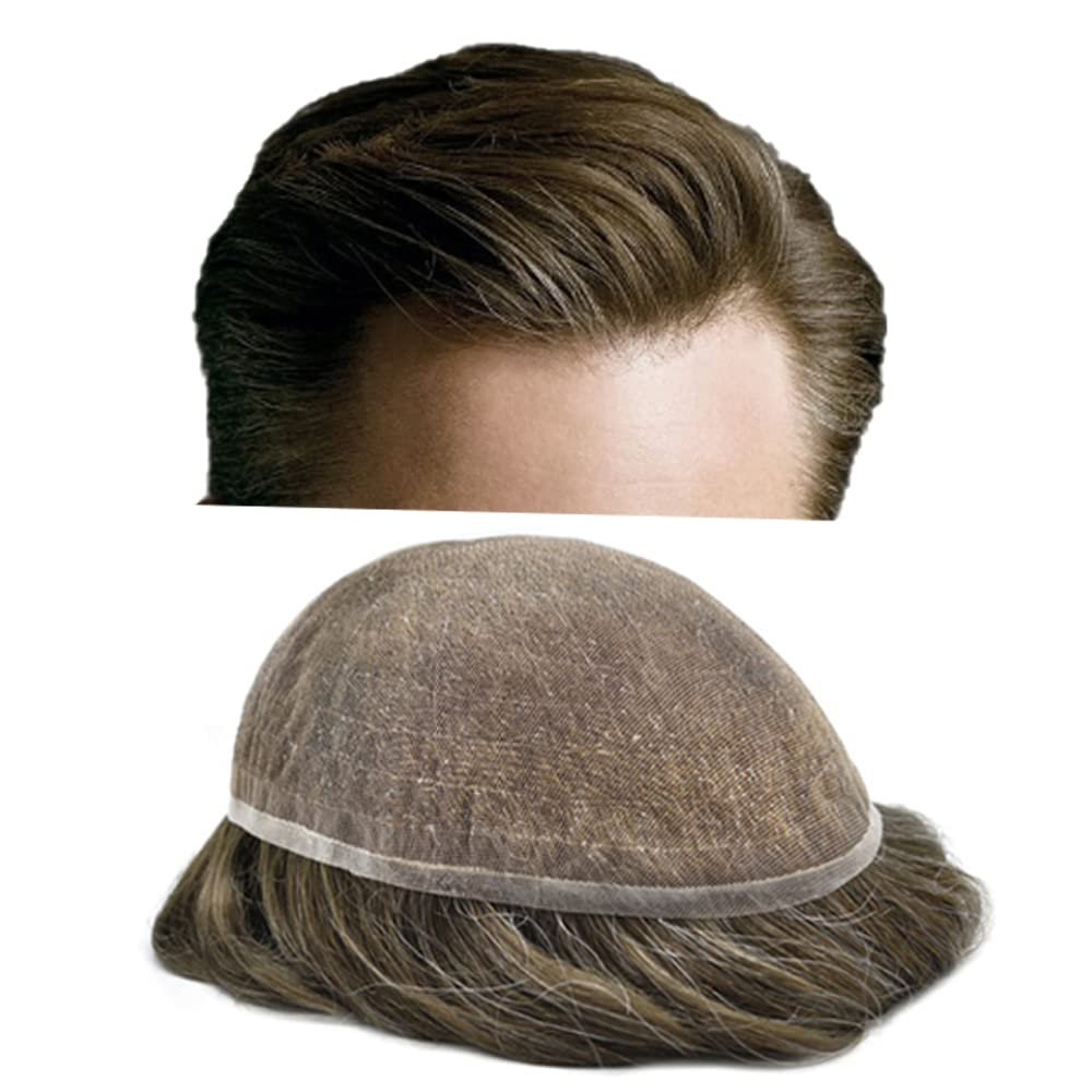 Toupee for Men Human Hair System Replacement French Lace Mens Toupee Hairpieces Lace Hair Piece Unit Wigs for Men (#310 Dark Brown+10% Gray-100% Light to Med-Light Density, 7''X9'')