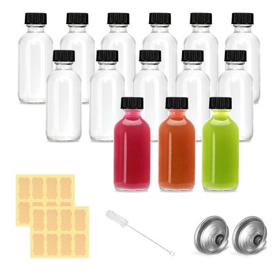 14Pack 2 oz Small Clear Glass Bottles with Lids - Shot Bottles with Caps for Ginger Shots, Juice, Potion, Liquids, Whiskey - Mini Travel Bottles with Funnels, Stickers and Brush