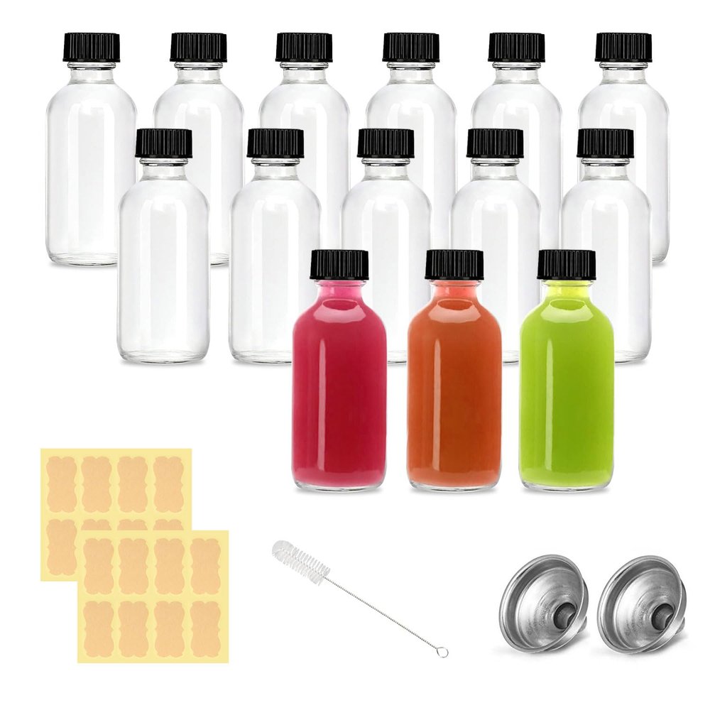 14Pack 2 oz Small Clear Glass Bottles with Lids - Shot Bottles with Caps for Ginger Shots, Juice, Potion, Liquids, Whiskey - Mini Travel Bottles with Funnels, Stickers and Brush