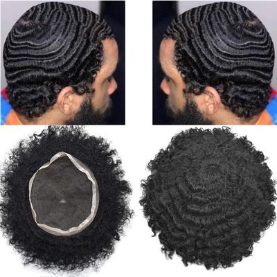 Curly Afro Wig Full French Lace Brazilian Human Hair Replacement System for American African Black Men Injection Pu Wave HairPieces (8MM-Wave, 1B Off Black/Natural Black)