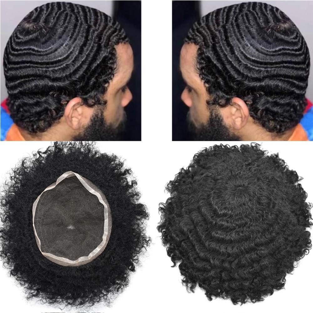 Curly Afro Wig Full French Lace Brazilian Human Hair Replacement System for American African Black Men Injection Pu Wave HairPieces (8MM-Wave, 1B Off Black/Natural Black)