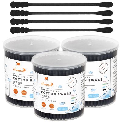 HOMEFOX Black Cotton Swabs Spiral - 600 Count Organic Cotton Buds Double Side Tightly Wrapped Charcoal Cotton Tips Paper Stick Soft Gentle Lint-Free Cruelty-Free Goth Bathroom, Round & Spiral (Black)
