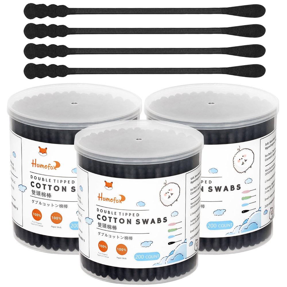 HOMEFOX Black Cotton Swabs Spiral - 600 Count Organic Cotton Buds Double Side Tightly Wrapped Charcoal Cotton Tips Paper Stick Soft Gentle Lint-Free Cruelty-Free Goth Bathroom, Round & Spiral (Black)