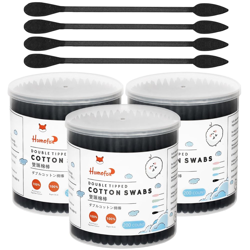 HOMEFOX Black Cotton Swabs Precision Pointed - 600 Count Organic Pointy Cotton Bud Double Side Tightly Wrapped Charcoal Cotton Tip Paper Stick Soft Gentle Lint-Free Cruelty-Free Pointy & Round (Black)