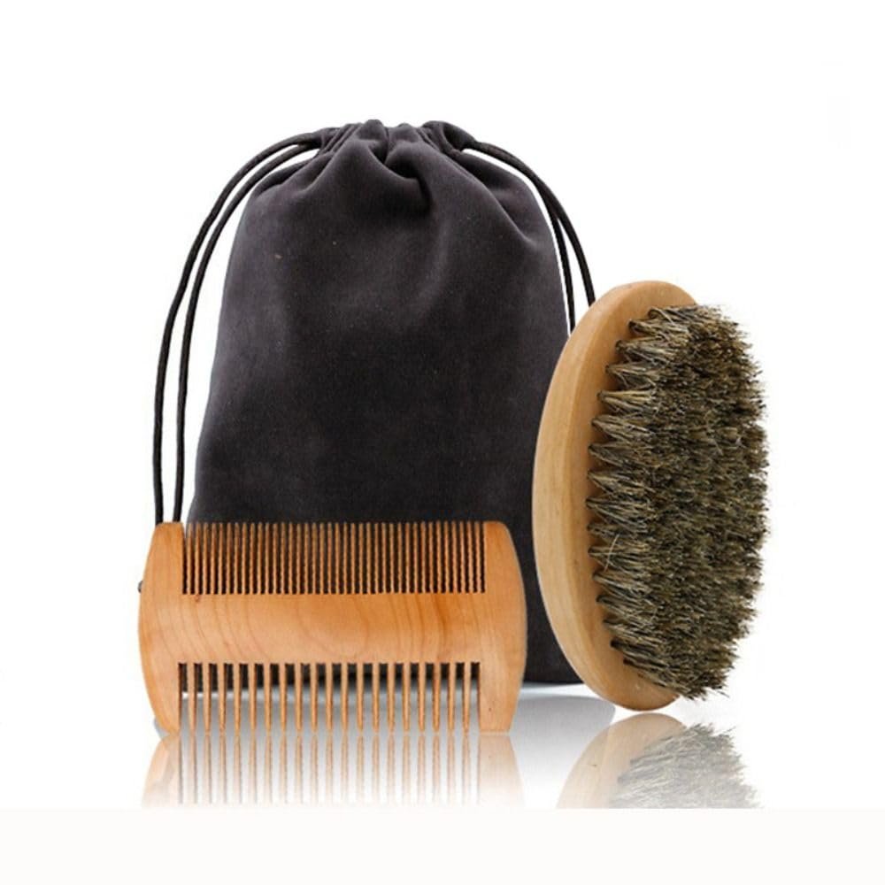 Beard Brush Kit Bristle Brush Comb with Storage Bag for Men, Anti-Static Comb for Salon, Barber, Father Gift(3pcs)