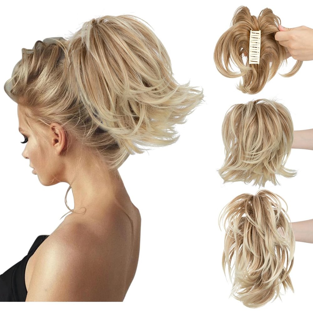 CJL HAIR Claw Clip Short Ponytail Hair Extensions DIY Bendable Metals Messy Bun Hair Piece for Wonen Straight Synthetic Fake Hairpieces Gloden Blonde and Beach Blonde Tips