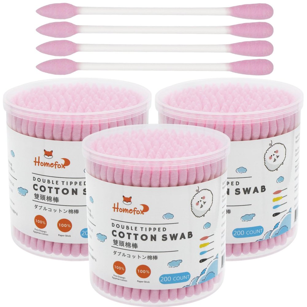 HOMEFOX Pink Cotton Swabs Precision Pointed - 600 Count Pointy Cotton Buds Double Side Tightly Wrapped Cotton Tips Paper Stick Organic Soft Gentle Lint-Free Cruelty-Free, Pointy & Round (Pink)