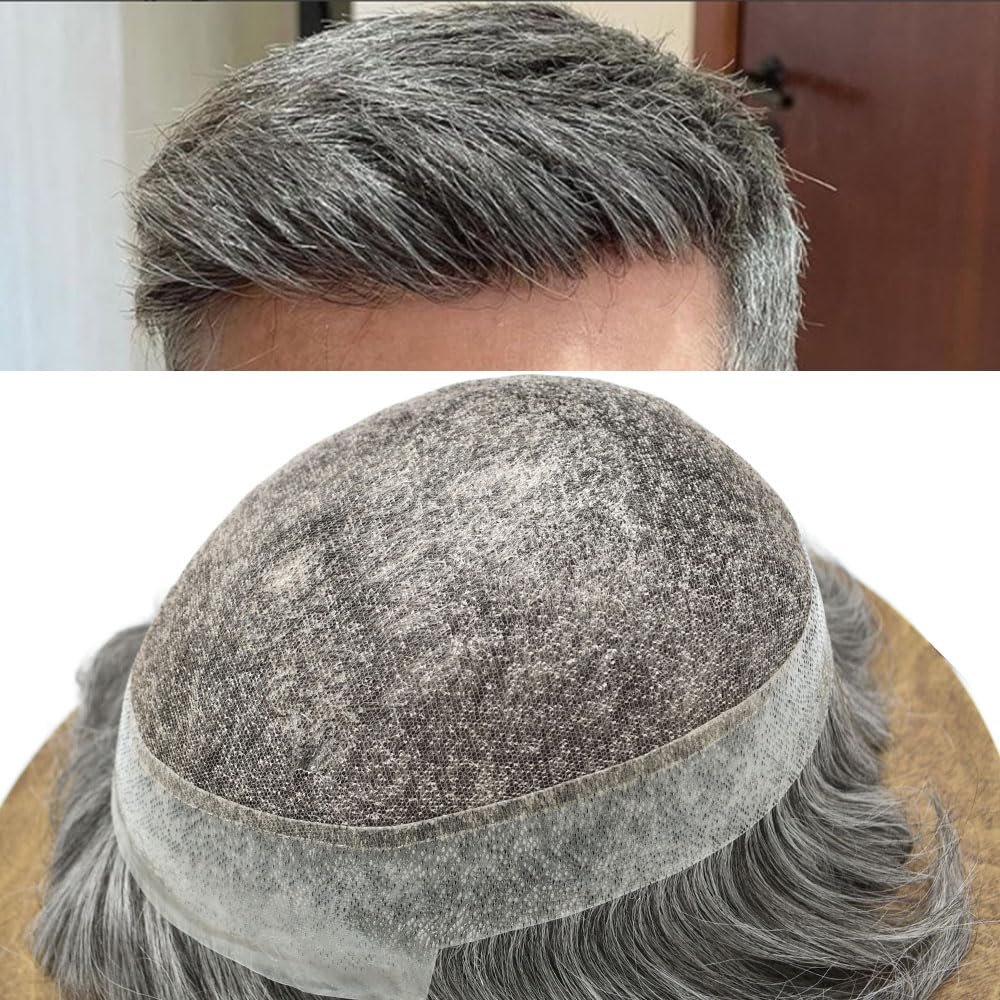 Toupee For Men Hair Pieces Real Human Hair Swiss Lace Men's Toupee European Human Hair Units For Men Hairpieces Hair Systems7x9-120% density#1B60 OFF BLACK+60% GREY