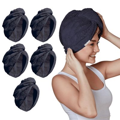 (5 Pack) Hair Drying Towels, Extra Large for Long Hair, Quick Dry Microfiber (Charcoal)