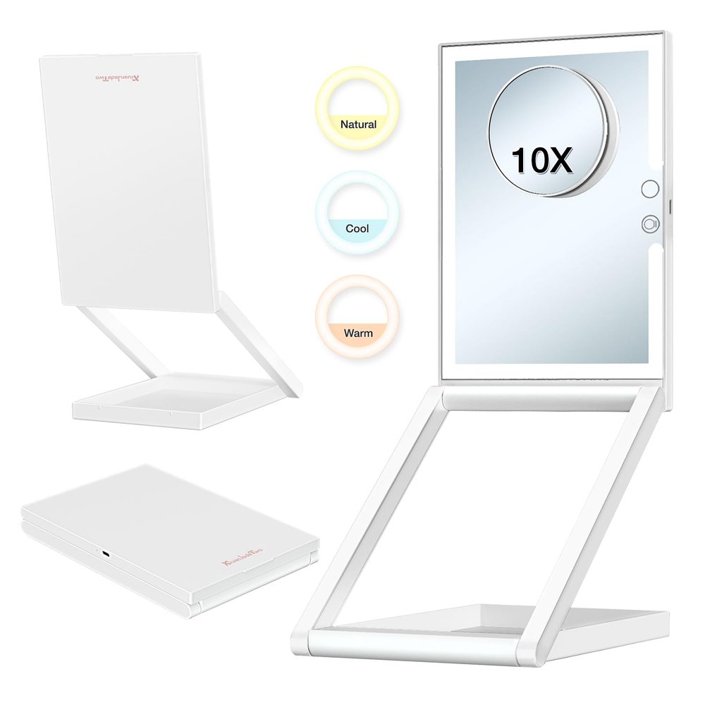 Travel Makeup Mirror with Lights - 3 Color LED, USB Rechargeable, 10X Magnifying, Adjustable Height, 360 Rotation, Compact Folding Touch Screen Smart Cosmetic Mirror